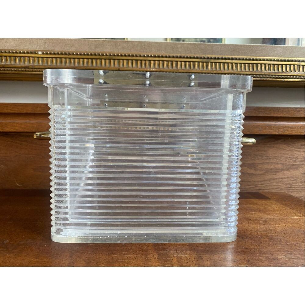 Mid Century Modern Ribbed Rectangle Lucite Handled Ice Bucket with Insert